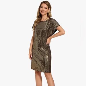 FEMI SEMI Women's Crewneck Sequin Shift Dress Short Sleeve Holiday XL NWT